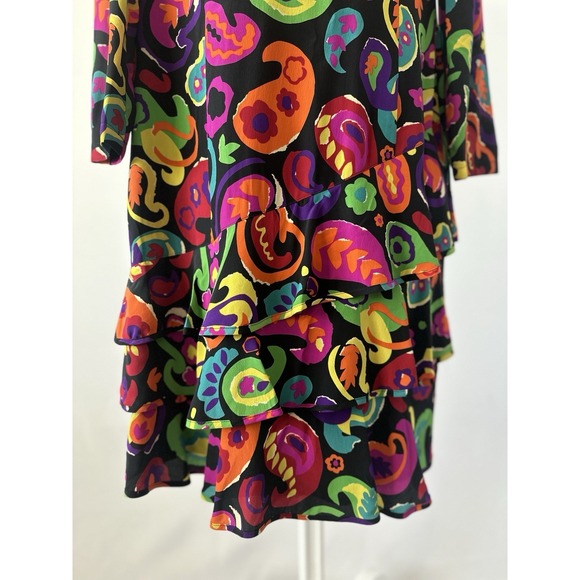 Black Bright Paisley VTG Louis Feraud Silk Drop Waist Ruffle Dress, Sz: 12 (b24) - Picture 4 of 6
